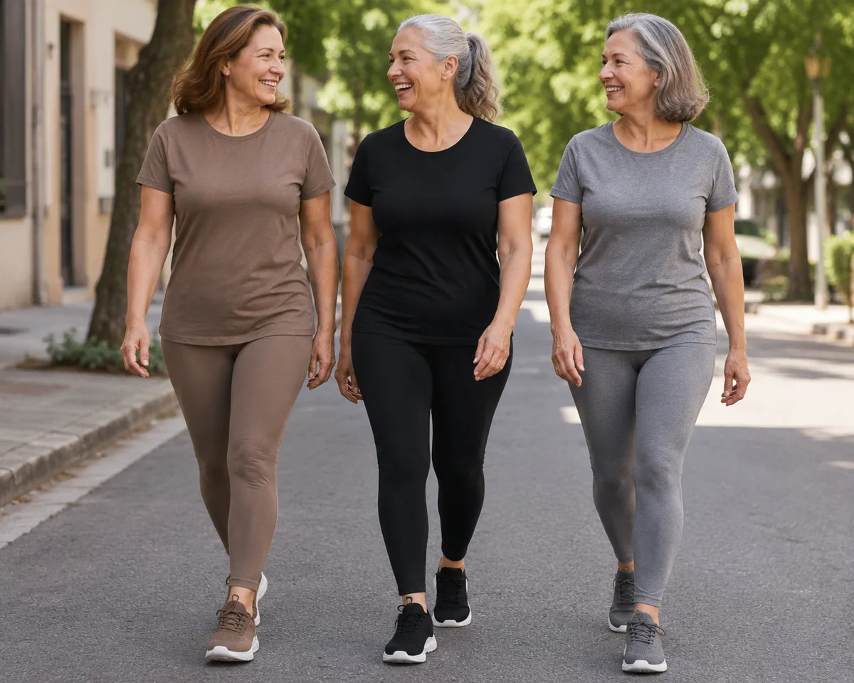 Three happy women walking together outdoors in comfortable shoes